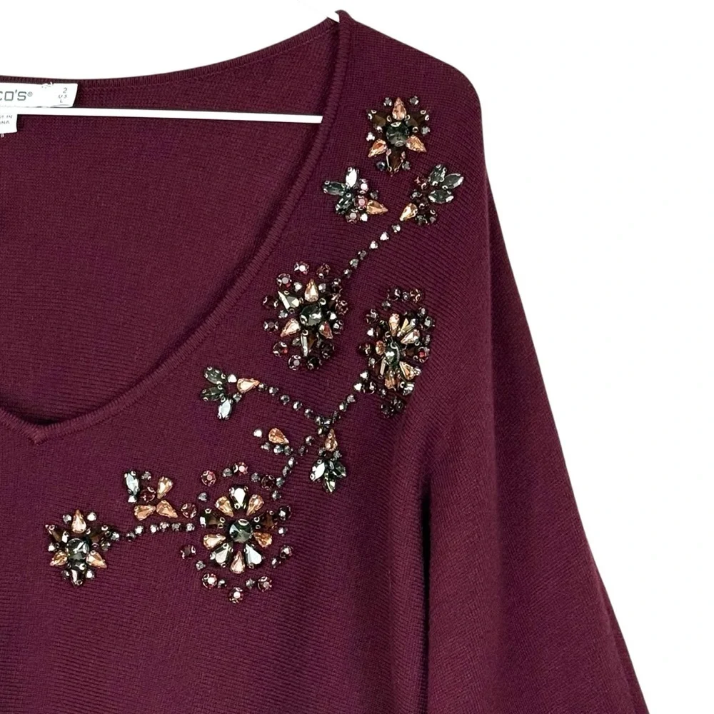NWT Chico’s Embellished Floral Beaded V-Neck Sweater Size 2 (L) – Plum Purple